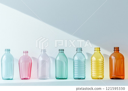 Different transparent plastic bottles on light background. Colorful plastic bottles of various sizes and shapes standing in a row, copy space. Recycling concept 121595330
