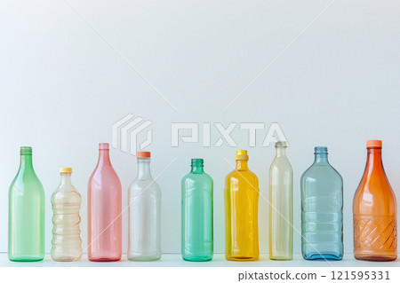 Different transparent plastic bottles on light background. Colorful plastic bottles of various sizes and shapes standing in a row, copy space. Recycling concept 121595331