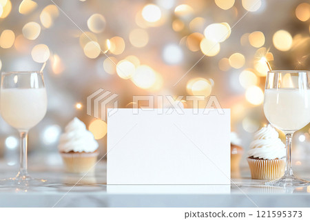 Blank Christmas cocktail bar card mockup with cocktails and sweets for brunch. Blank bar menu card on a table in a restaurant with festive Christmas decorations. Winter holidays celebration, party 121595373