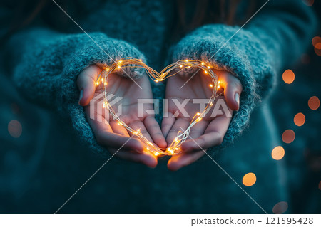 Woman holding heart shaped lighting garland. Love and warmth concept, Saint Valentine's Day greeting card, winter season holidays, New Year. Electric garland in the shape of a heart, romantic symbol 121595428