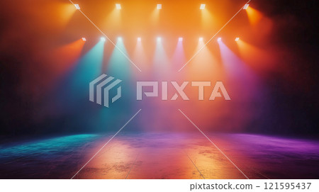 Empty stage with spotlights. Colorful stage lights with fog effects. Spotlights illuminating empty stage in the darkness. Club setting, theater, concerts, party, showcases. Ready for a performance 121595437