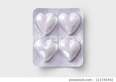 Heart shaped pills blister in foil, love drugs packaging set on white background as a symbol of love, health, and medicine. Perfect for themes of healthcare, romance, and pharmaceutical design. 121595442
