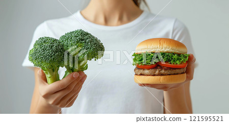 Woman holding broccoli and a burger. A choice between healthy nutrition and junk food, diet, nutrition, healthy lifestyle concept. Dieting, food choices, cheat meal. 121595521