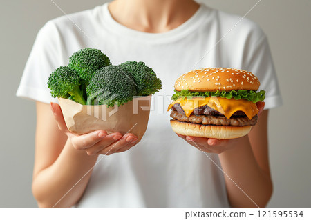 Woman holding broccoli and a burger. A choice between healthy nutrition and junk food, diet, nutrition, healthy lifestyle concept. Dieting, food choices, cheat meal. 121595534