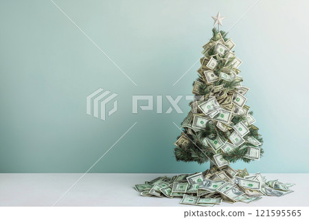 Creative Christmas tree made of paper money bills, pile of banknotes, dollars pine tree, New Year holiday decoration idea. Christmas budget, cost of holidays, sales and discounts, money for gifts 121595565