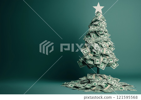 Creative Christmas tree made of paper money bills, pile of banknotes, dollars pine tree, New Year holiday decoration idea. Christmas budget, cost of holidays, sales and discounts, money for gifts Creative Christmas tree made of paper money bills, pile of banknotes, dollars pine tree, New Year holiday decoration idea. Christmas budget, cost of holidays, sales and discounts, money for gifts 121595568