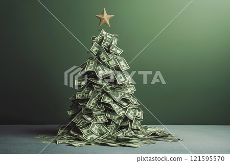 Creative Christmas tree made of paper money bills, pile of banknotes, dollars pine tree, New Year holiday decoration idea. Christmas budget, cost of holidays, sales and discounts, money for gifts Creative Christmas tree made of paper money bills, pile of banknotes, dollars pine tree, New Year holiday decoration idea. Christmas budget, cost of holidays, sales and discounts, money for gifts 121595570
