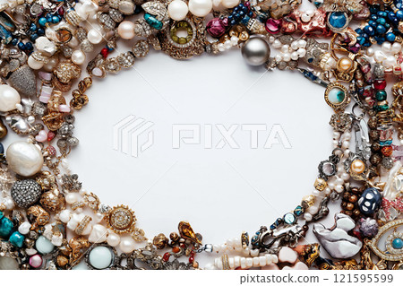 A round frame made of jewelry items. Fashion jewelry frame on white background. Golden and silver jewelry with precious gemstones and pearls, frame with luxury stones and metals 121595599