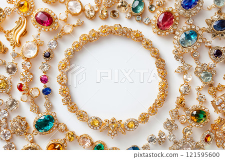 A round frame made of jewelry items. Fashion jewelry frame on white background. Golden and silver jewelry with precious gemstones and pearls, frame with luxury stones and metals 121595600