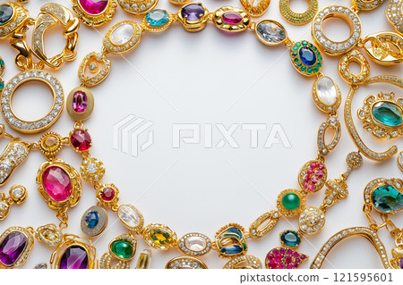 A round frame made of jewelry items. Fashion jewelry frame on white background. Golden and silver jewelry with precious gemstones and pearls, frame with luxury stones and metals 121595601