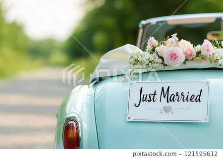 Wedding just married car decorated with flowers on a road. Classic vintage elegant bridal car, old-fashioned car for weddings. Floral wedding decorations, traditional festive celebrations, wedding day Wedding just married car decorated with flowers on a road. Classic vintage elegant bridal car, old-fashioned car for weddings. Floral wedding decorations, traditional festive celebrations, wedding day 121595612