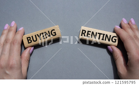 Buying or Renting symbol. Concept word Buying or Renting on wooden blocks. Businessman hand. Beautiful grey background. Business and Buying or Renting concept. Copy space Buying or Renting symbol. Concept word Buying or Renting on wooden blocks. Businessman hand. Beautiful grey background. Business and Buying or Renting concept. Copy space 121595795