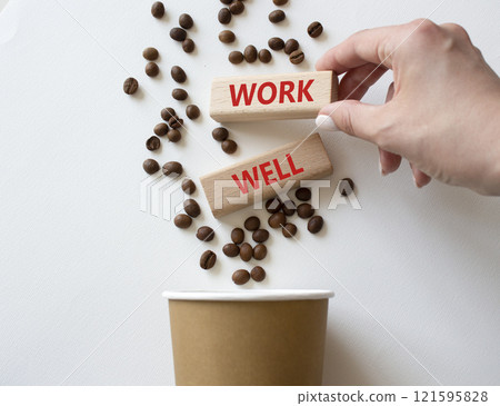 Work Well symbol. Concept word Work Well on wooden blocks. Beautiful white background with coffee cup. Businessman hand. Business and Work Well concept. Copy space Work Well symbol. Concept word Work Well on wooden blocks. Beautiful white background with coffee cup. Businessman hand. Business and Work Well concept. Copy space 121595828