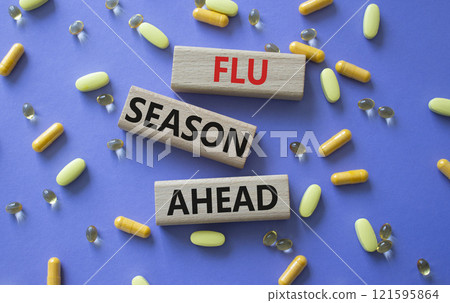 Flu Season Ahead symbol. Concept word Flu Season Ahead on wooden blocks. Beautiful purple background with pills. Medicine and Flu Season Ahead concept. Copy space 121595864