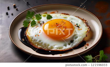 3 runny fried eggs with sauce 121596033