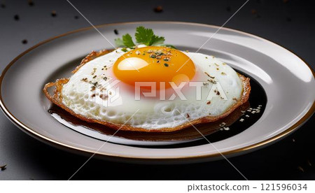 3 runny fried eggs with sauce 3 runny fried eggs with sauce 121596034