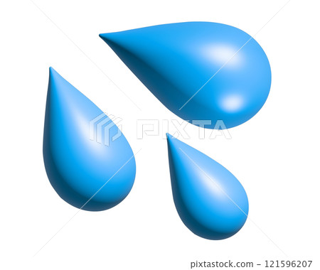 Three light blue droplets 3D icon, as sweat beads, splashing down to right Three light blue droplets 3D icon, as sweat beads, splashing down to right 121596207