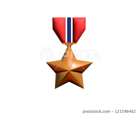 3D classic bronze military medal star icon with red, blue ribbon 121596482