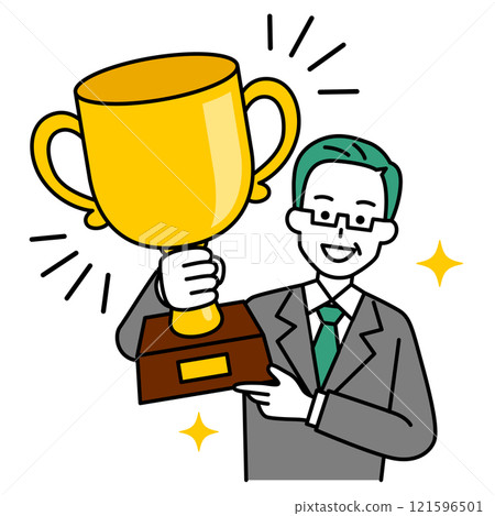A middle-aged man in a suit holding a gold trophy 121596501
