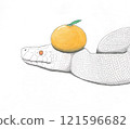 White snake with mandarin oranges on its head 121596682