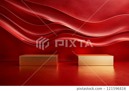 Abstract banner. A space with red curved walls and floor and two square gold display stands. AI generated image 121596816