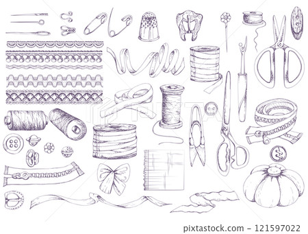 Purple scissors ribbon thread bobbins lace pin cushion buttons thimble pins needles. Hand drawn ink vector illustration sewing craft supplies. Objects set isolated on white. Atelier tailor, hobby shop 121597022