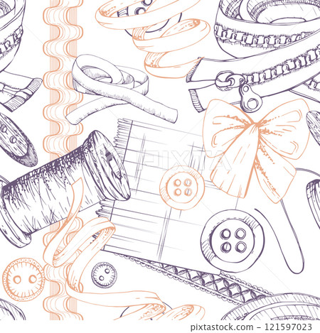 Fabric pieces, thread ribbon bobbins, bow tie buttons lace. Hand drawn ink vector illustration sewing craft supplies. Seamless pattern isolated on white background. Design atelier, tailor, hobby shop Fabric pieces, thread ribbon bobbins, bow tie buttons lace. Hand drawn ink vector illustration sewing craft supplies. Seamless pattern isolated on white background. Design atelier, tailor, hobby shop 121597023