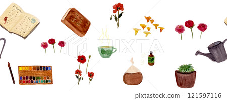 Favorite things: a book, essential oil diffuser, tea, plants, flowers and a diary seamless border. Isolated on white. Watercolor sketch illustrations great for tote bag, poster, card, notebook design Favorite things: a book, essential oil diffuser, tea, plants, flowers and a diary seamless border. Isolated on white. Watercolor sketch illustrations great for tote bag, poster, card, notebook design 121597116