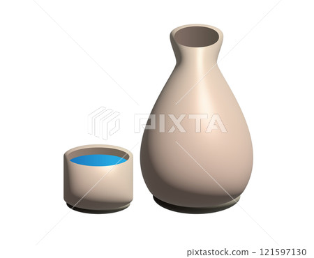 3D Japanese traditional alcoholic drink sake cup and bottle set 121597130