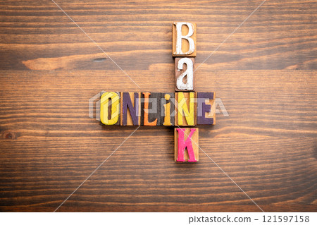 Online Bank. Words from the letters of the alphabet. Crossword with wooden cubes 121597158