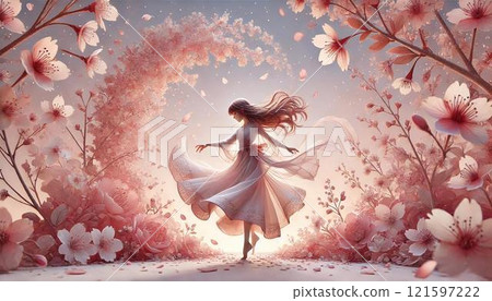 在櫻花暴風雪中跳舞的女孩 121597222