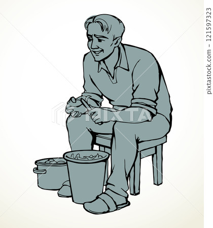 Vector drawing. A man peels potatoes Vector drawing. A man peels potatoes 121597323