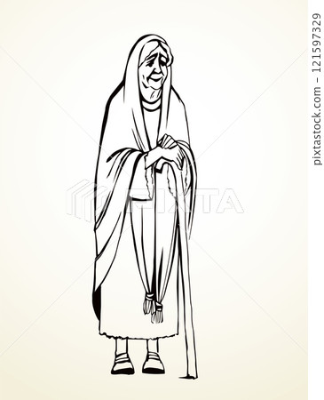 Vector drawing. Old woman with cane 121597329
