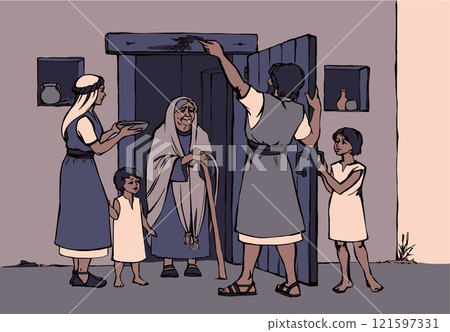 Vector drawing. The family fulfills God's command. Anoints the doorposts with the blood of the lamb 121597331