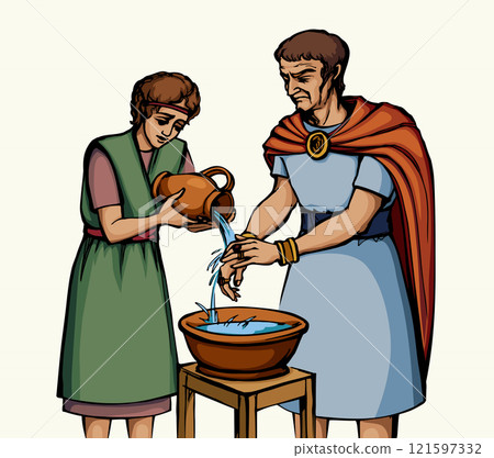 Vector drawing. Pilat washes his gands 121597332