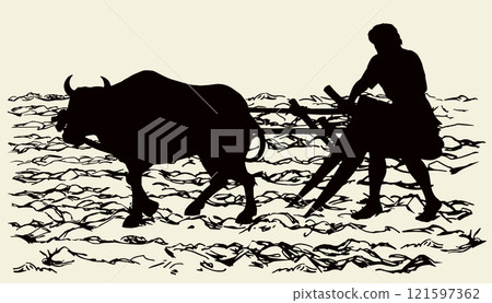 Vector drawing. Old wooden plow 121597362
