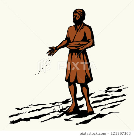 Vector drawing. A man sowing wheat 121597363