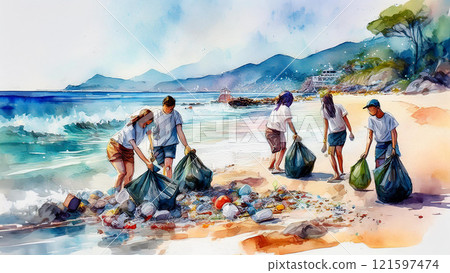 人們在海灘上撿拾垃圾 人們在海灘上撿拾垃圾 121597474