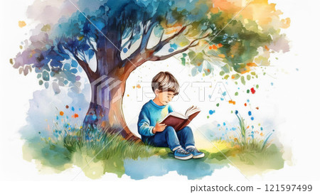 A boy reading a book in the shade A boy reading a book in the shade 121597499