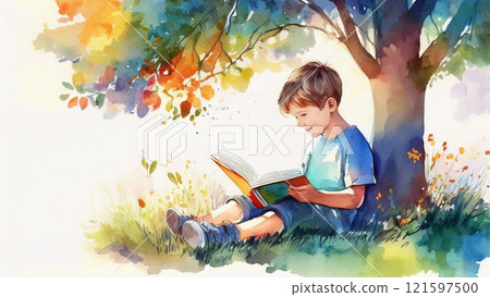 A boy reading a book in the shade 121597500