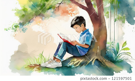 A boy reading a book in the shade 121597501
