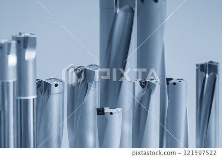 Close up  scene the hole making tool for CNC machine in the light blue scene. 121597522