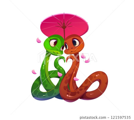Valentine day cartoon green and brown snakes intertwined under a pink umbrella, surrounded by falling flower petals. vector cute reptile characters pair fall in love, symbolizes protection and unity 121597535