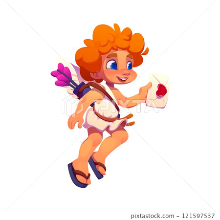 Cartoon cheerful valentine cherub and angel character with orange curls, white wings and a quiver of arrows, holding a love letter sealed with a heart, symbolizes love message, magic, romance and joy Cartoon cheerful valentine cherub and angel character with orange curls, white wings and a quiver of arrows, holding a love letter sealed with a heart, symbolizes love message, magic, romance and joy 121597537