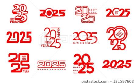 2025 Year calendar number, happy new year symbols set in red and white colors. Vector bright and modern typography for festive greeting cards, celebrations, event invitations and festive promotions. 121597608