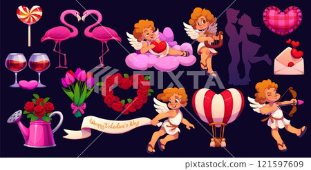 Cartoon valentine day holiday cherubs, angels and love symbols like hearts, wine glasses, hot air balloon, rose or tulip flowers, lollipop, flamingo and kissing couple convey romance and celebration 121597609