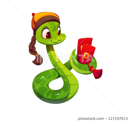 Cartoon snake character wearing Chinese traditional hat holds red envelopes with tinsel and money gift celebrating the Lunar New Year 2025. Vector cute festive reptile representing holiday celebration Cartoon snake character wearing Chinese traditional hat holds red envelopes with tinsel and money gift celebrating the Lunar New Year 2025. Vector cute festive reptile representing holiday celebration 121597613