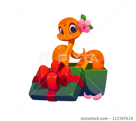 Chinese Lunar New Year funny cartoon snake character adorned with a flower sitting in the gift box with a red bow, surprise for the 2025 celebration. Vector cheerful and friendly reptile zodiac snake Chinese Lunar New Year funny cartoon snake character adorned with a flower sitting in the gift box with a red bow, surprise for the 2025 celebration. Vector cheerful and friendly reptile zodiac snake 121597619