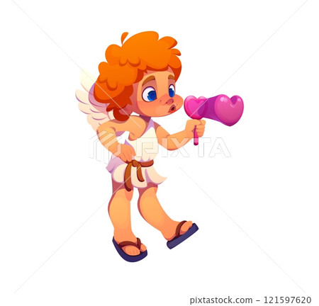 Cartoon valentine cherub and angel character with orange curls and white wings, playfully blowing bubbles shaped like pink hearts, conveys love and lighthearted fun for valentines day romantic events Cartoon valentine cherub and angel character with orange curls and white wings, playfully blowing bubbles shaped like pink hearts, conveys love and lighthearted fun for valentines day romantic events 121597620