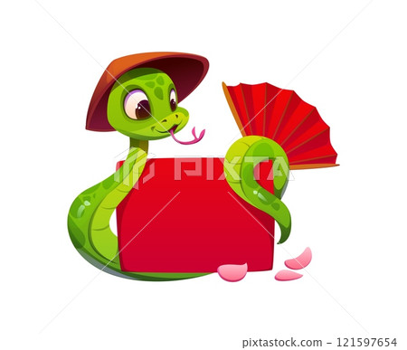 Green cartoon snake character wearing traditional conical Chinese hat, with a red fan and petals, coiling around a red square banner, conveys festivity and joy for lunar new year or celebrations 2025 121597654